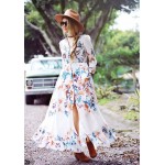 COLROVIE Summer Beach Style Woman Flower Print Chiffon Long Shirt Dresses Deep V Neck Women Casual Lapel Maxi Dress
