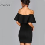 COLROVIE Summer Dress Women Black Sexy Off Shoulder Embroidery Party Dresses 2017 Rose Applique Ruffle Elegant Bodycon Dress