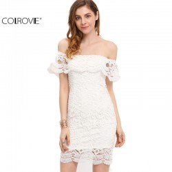 COLROVIE Summer Style Sexy Women Mini Dresses White Off the Shoulder Short Sleeve  Strapless Lace Ruffle Bodycon Dress