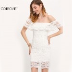 COLROVIE Summer Style Sexy Women Mini Dresses White Off the Shoulder Short Sleeve  Strapless Lace Ruffle Bodycon Dress