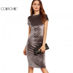 COLROVIE Velvet Sheath Dress Office Ladies Round Neck Slim Pencil Dress Work Wear Knee Length Dress