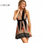 COLROVIE Vintage Backless Halter Women Dresses Summer Sexy Ladies Multicolor Plunge V-neck Tassel Tie A Line Mini Dress