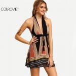 COLROVIE Vintage Backless Halter Women Dresses Summer Sexy Ladies Multicolor Plunge V-neck Tassel Tie A Line Mini Dress