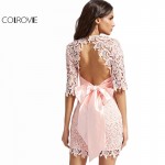COLROVIE Vintage Lace Dress Women Pink Bow Tie Open Back Embroidery Bodycon Summer Dresses 2017 New Cut Out Sexy Party Dress