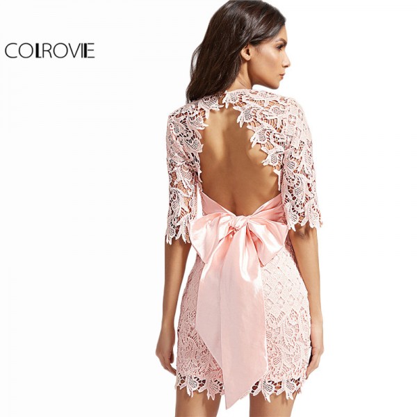 COLROVIE Vintage Lace Dress Women Pink Bow Tie Open Back Embroidery Bodycon Summer Dresses 2017 New Cut Out Sexy Party Dress