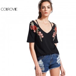 COLROVIE Vintage Strappy T-shirt Women Black Rose Patch Sexy V Neck Casual Summer Tops 2017 New Fashion Slim Embroidery T-shirt 