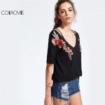 COLROVIE Vintage Strappy T-shirt Women Black Rose Patch Sexy V Neck Casual Summer Tops 2017 New Fashion Slim Embroidery T-shirt 