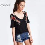 COLROVIE Vintage Strappy T-shirt Women Black Rose Patch Sexy V Neck Casual Summer Tops 2017 New Fashion Slim Embroidery T-shirt 