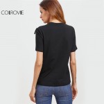 COLROVIE Vintage T-shirt Women Black Fringe Trim Embroidered Sexy Mesh Tops O Neck Clothing 2017 Summer Slim Elegant T-shirt 