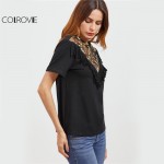 COLROVIE Vintage T-shirt Women Black Fringe Trim Embroidered Sexy Mesh Tops O Neck Clothing 2017 Summer Slim Elegant T-shirt 