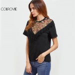 COLROVIE Vintage T-shirt Women Black Fringe Trim Embroidered Sexy Mesh Tops O Neck Clothing 2017 Summer Slim Elegant T-shirt 