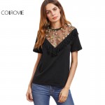 COLROVIE Vintage T-shirt Women Black Fringe Trim Embroidered Sexy Mesh Tops O Neck Clothing 2017 Summer Slim Elegant T-shirt 