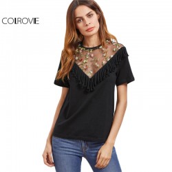 COLROVIE Vintage T-shirt Women Black Fringe Trim Embroidered Sexy Mesh Tops O Neck Clothing 2017 Summer Slim Elegant T-shirt 