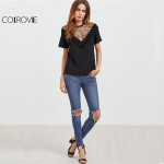 COLROVIE Vintage T-shirt Women Black Fringe Trim Embroidered Sexy Mesh Tops O Neck Clothing 2017 Summer Slim Elegant T-shirt 