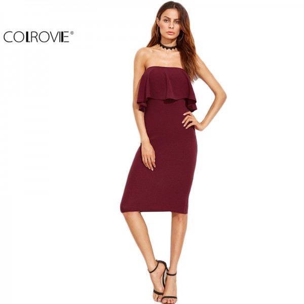 COLROVIE Woman Party Dresses Elegant Evening Autumn Dresses for Woman Burgundy Ruffle Bandeau Pencil Knee Length Dress