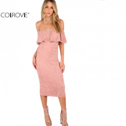COLROVIE Woman Party dresses Elegant Evening Sexy Club Dresses New Arrival Pink Faux Suede Off The Shoulder Ruffle Dress 