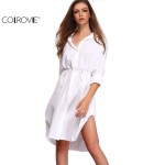 COLROVIE Women Clothing Shift Dresses Casual Lapel Long Sleeve Buttons With Drawstring White Split Shirt Dress