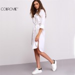 COLROVIE Women Clothing Shift Dresses Casual Lapel Long Sleeve Buttons With Drawstring White Split Shirt Dress