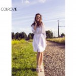 COLROVIE Women Clothing Shift Dresses Casual Lapel Long Sleeve Buttons With Drawstring White Split Shirt Dress