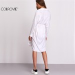 COLROVIE Women Clothing Shift Dresses Casual Lapel Long Sleeve Buttons With Drawstring White Split Shirt Dress