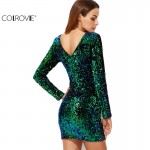 COLROVIE Women Dress Elegant Sexy Club Dresses Korean Style Brand Green Iridescent Long Sleeve Sequin Bodycon Dress 