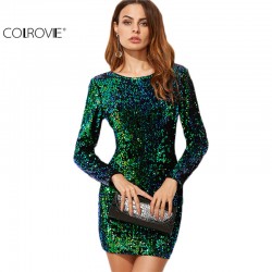 COLROVIE Women Dress Elegant Sexy Club Dresses Korean Style Brand Green Iridescent Long Sleeve Sequin Bodycon Dress 
