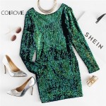 COLROVIE Women Dress Elegant Sexy Club Dresses Korean Style Brand Green Iridescent Long Sleeve Sequin Bodycon Dress 