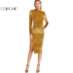 COLROVIE Women Office Dresses Korean Women Clothing Work Dress Mustard Mock Neck Split Side Velvet Sheath Dress COLROVIE Women Office Dresses Korean Women Clothing Work Dress Mustard Mock Neck Split Side Velvet Sheath Dress