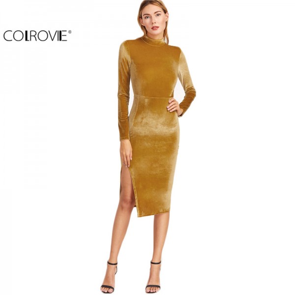 COLROVIE Women Office Dresses Korean Women Clothing Work Dress Mustard Mock Neck Split Side Velvet Sheath Dress COLROVIE Women Office Dresses Korean Women Clothing Work Dress Mustard Mock Neck Split Side Velvet Sheath Dress