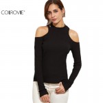 COLROVIE Women Shirts New Fashion Women T Shirt Long Sleeves T Shirts Fashion Brand Black Cold Shoulder Ribbed T-shirt 