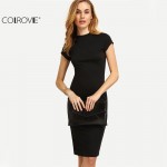 COLROVIE Women's Work Wear Sheath Dresses Sexy Newest Solid Black Cap Sleeve Crew Neck Knee Length Bodycon Dress