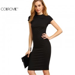 COLROVIE Women's Work Wear Sheath Dresses Sexy Newest Solid Black Cap Sleeve Crew Neck Knee Length Bodycon Dress