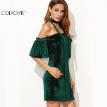 COLROVIE Womens Sexy Dresses Party Night Club  Dark Green Off The Shoulder Ruffle Sleeve Velvet Dress With Neck Tie Mini Dress