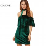 COLROVIE Womens Sexy Dresses Party Night Club  Dark Green Off The Shoulder Ruffle Sleeve Velvet Dress With Neck Tie Mini Dress