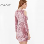 COLROVIE Womens Sexy Dresses Party Night Club Dress Sexy Dress Club Wear Pink Cold Shoulder Crushed Velvet Bodycon Dress 