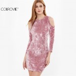 COLROVIE Womens Sexy Dresses Party Night Club Dress Sexy Dress Club Wear Pink Cold Shoulder Crushed Velvet Bodycon Dress 