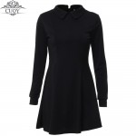 CUQY 2017 New Arrival Solid Cute Mini Ladies Dress Peter Pan Collar School Preppy Style Dresses Zipper Long Sleeve Mini Dresses