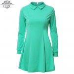 CUQY 2017 New Arrival Solid Cute Mini Ladies Dress Peter Pan Collar School Preppy Style Dresses Zipper Long Sleeve Mini Dresses