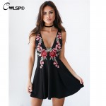 CWLSP 2017 Emboridery  Dress Women Elegant Sleeveless Deep Double V Neck Back Floral Laides Party A-line vestido de renda QL2701