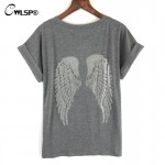 CWLSP Fashion New Summer T-Shirt Women Artificial Diamonds Back Angel Wings t shirt Women O Neck kawaii tee shirt QA1525