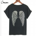 CWLSP Fashion New Summer T-Shirt Women Artificial Diamonds Back Angel Wings t shirt Women O Neck kawaii tee shirt QA1525