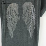 CWLSP Fashion New Summer T-Shirt Women Artificial Diamonds Back Angel Wings t shirt Women O Neck kawaii tee shirt QA1525