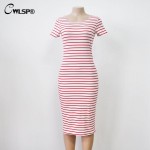 CWLSP Fashion Summer Striped Dress Women Short Sleeve O Neck Mid-Carf Bodycon Dress Side Split T Shirt Dresses Plus size 2XL