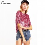 CWLSP Fashion Summer T Shirt Women Hot Sale Velvet O neck t-shirt Short Sleeve Women tee Top harajuku vetement femme QA1600