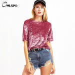 CWLSP Fashion Summer T Shirt Women Hot Sale Velvet O neck t-shirt Short Sleeve Women tee Top harajuku vetement femme QA1600