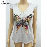 CWLSP Fashion T shirt Women Bling Sequined 3D Butterfly V-Neck Petal Sleeve Camisetas Mujer Casual Tee Shirt Femme QA1314
