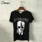 CWLSP Women LAGERFELD Letter T-shirt 2017 New Skull Printed Black Punk Cotton T Shirts Womens Tops Brand Plus Size Tee Top QA925