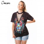 CWLSP Women T Shirt 3D Lion Hollow Out Cross Tied up Halter Collar Long Tshirt Dress harajuku novelty moda coreana feminina