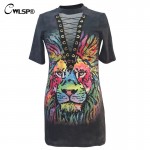 CWLSP Women T Shirt 3D Lion Hollow Out Cross Tied up Halter Collar Long Tshirt Dress harajuku novelty moda coreana feminina