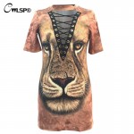 CWLSP Women T Shirt 3D Lion Hollow Out Cross Tied up Halter Collar Long Tshirt Dress harajuku novelty moda coreana feminina